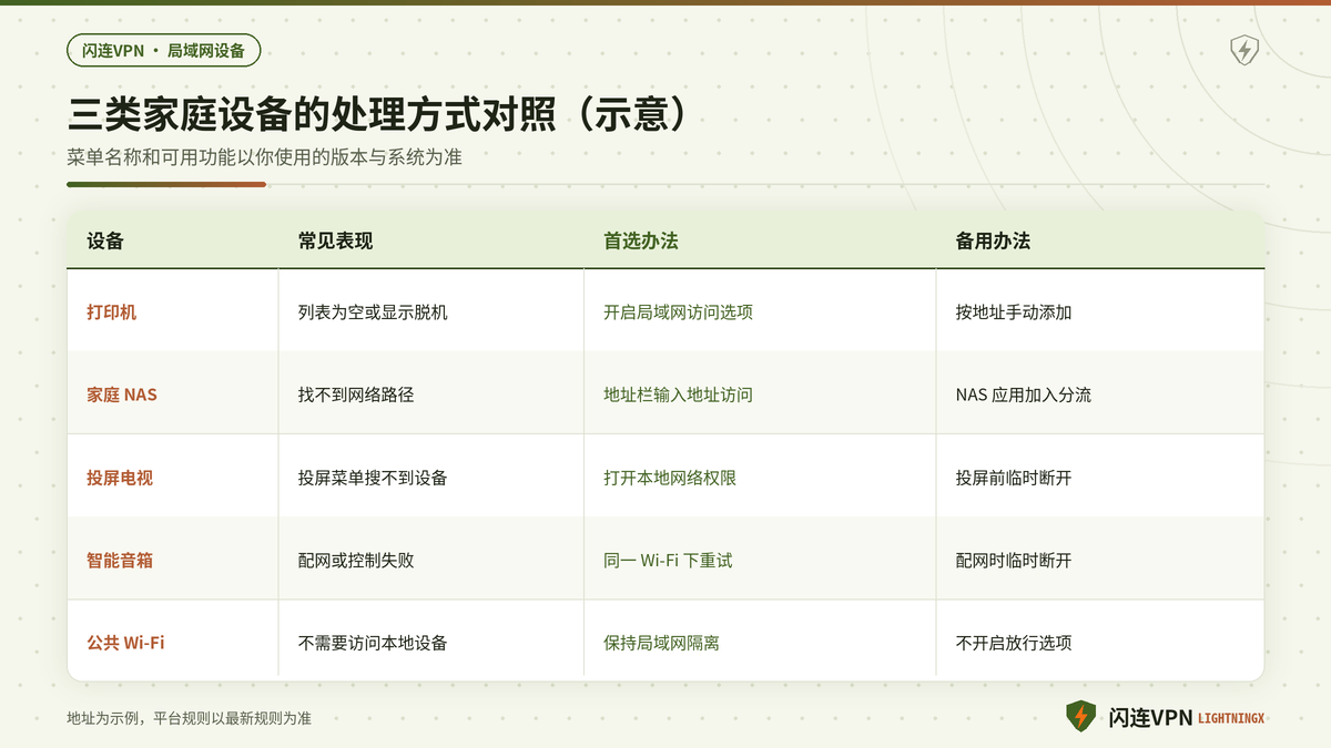 闪连VPN开启时打印机、NAS与投屏电视的不同处理方式对照示意
