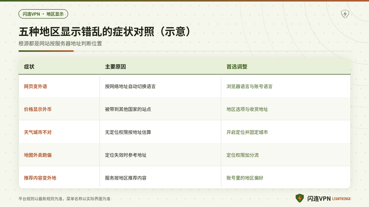 闪连VPN连接后五种地区显示错乱的症状原因与处理对照示意