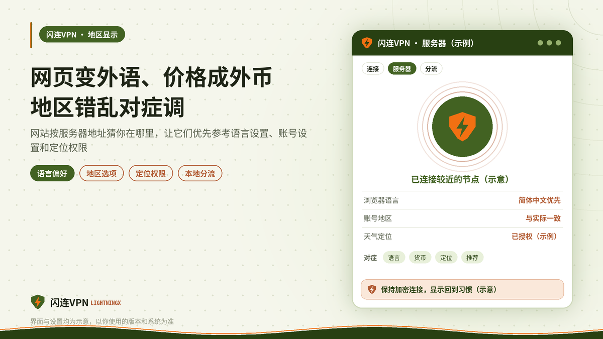 连上闪连VPN后调整网页语言货币和定位显示的示意图