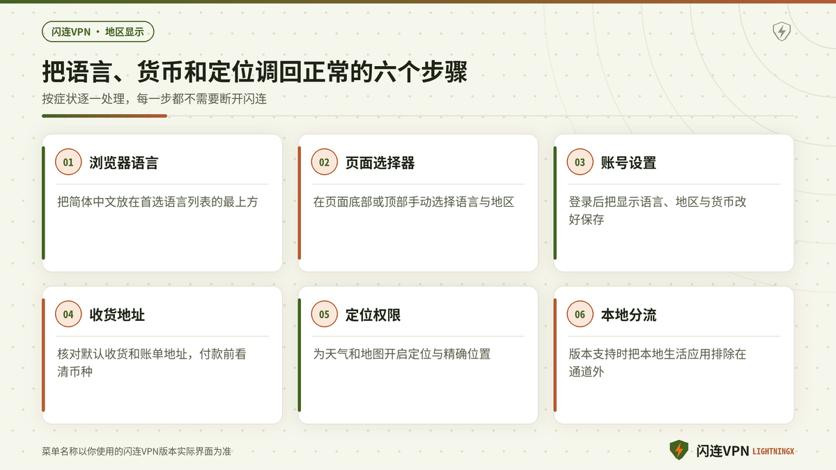 开着闪连VPN时把网页语言货币和定位调回正常的六个步骤示意