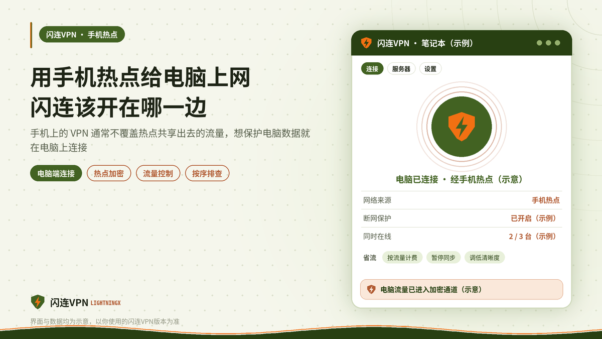 用手机热点给笔记本上网时在电脑端连接闪连VPN的示意图