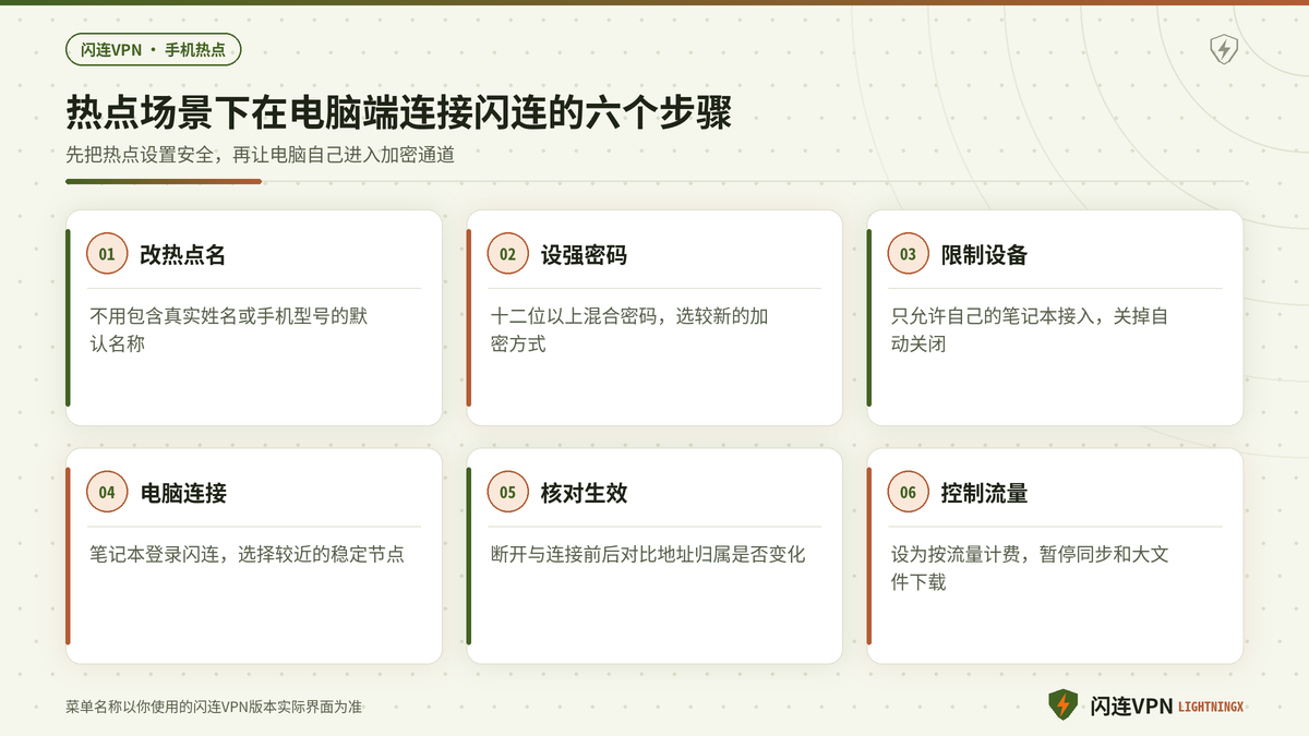 用手机热点给笔记本上网时在电脑端连接闪连VPN的六个步骤示意