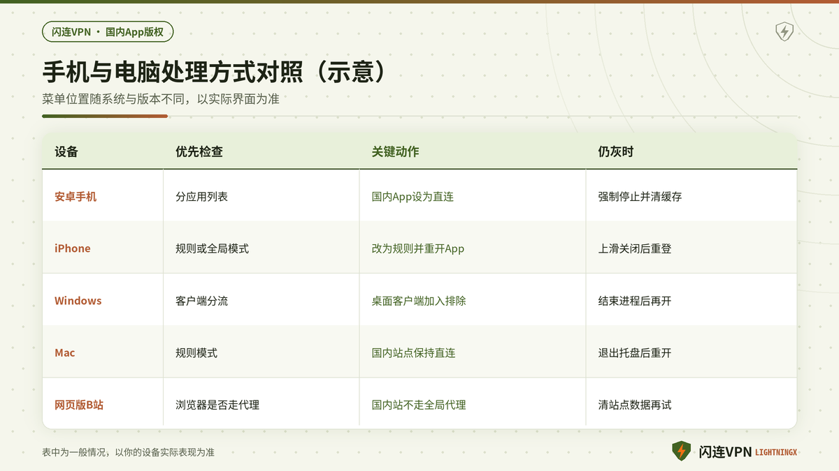 闪连VPN开启时手机与电脑处理国内App被判海外的对照示意