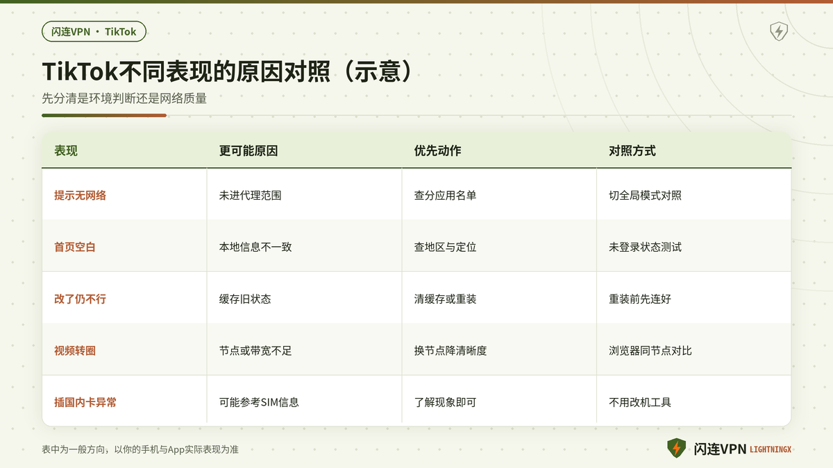 闪连VPN下TikTok无网络与视频转圈等不同表现的原因对照示意