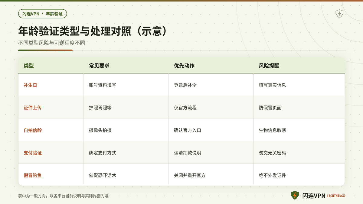 闪连VPN下年龄验证类型与处理方式对照示意