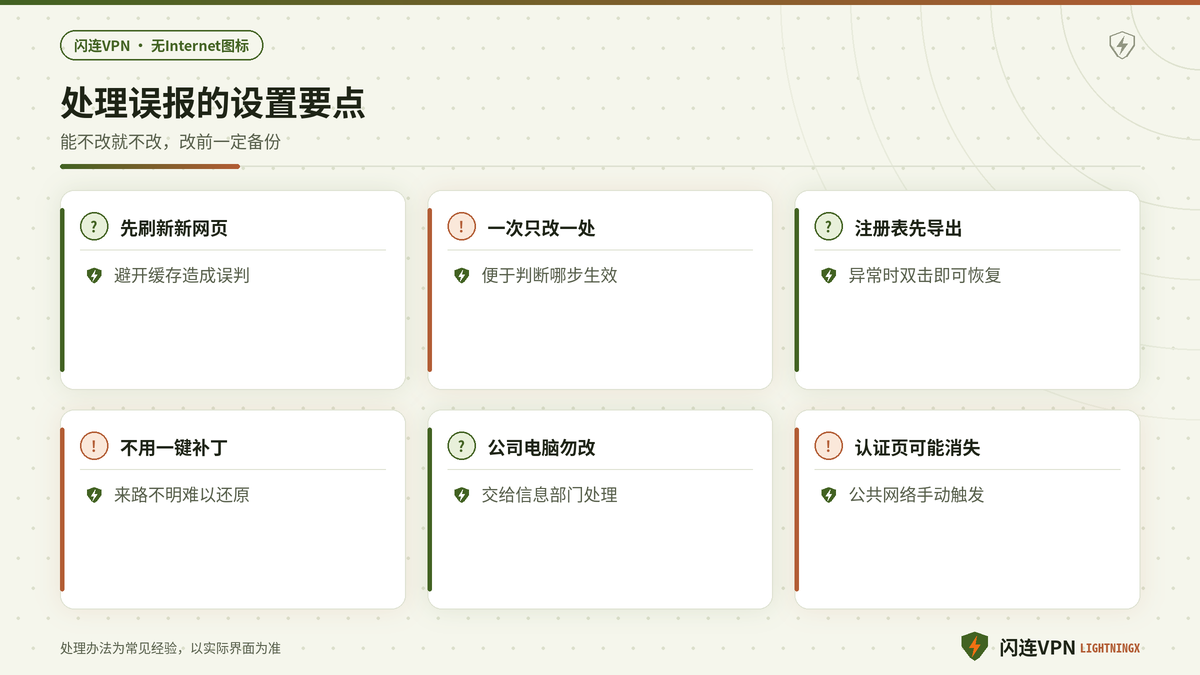 开着闪连VPN处理Windows无Internet误报时的设置要点与常见误区示意