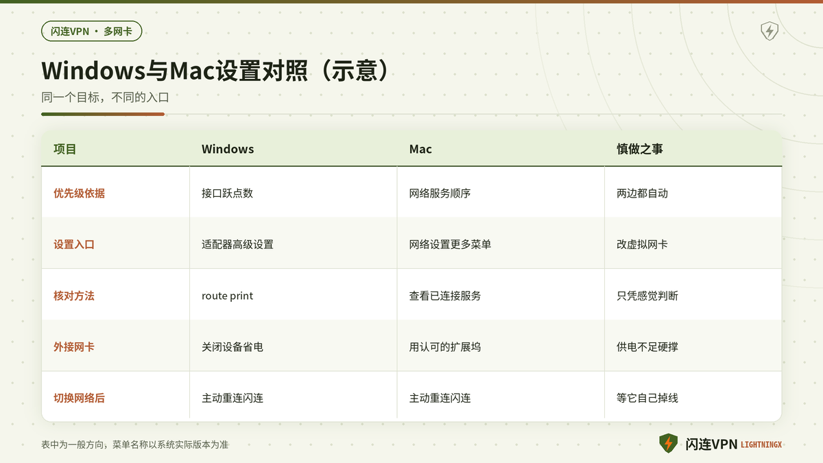 Windows与Mac多网络接口下闪连VPN优先级设置方法对照示意