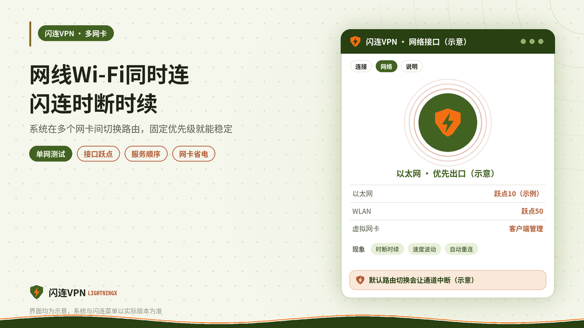 笔记本同时连接网线和Wi-Fi时设置闪连VPN网卡优先级的示意图