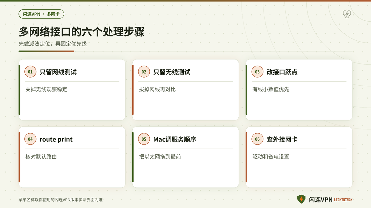 闪连VPN在有线和无线同时连接时的分步排查示意