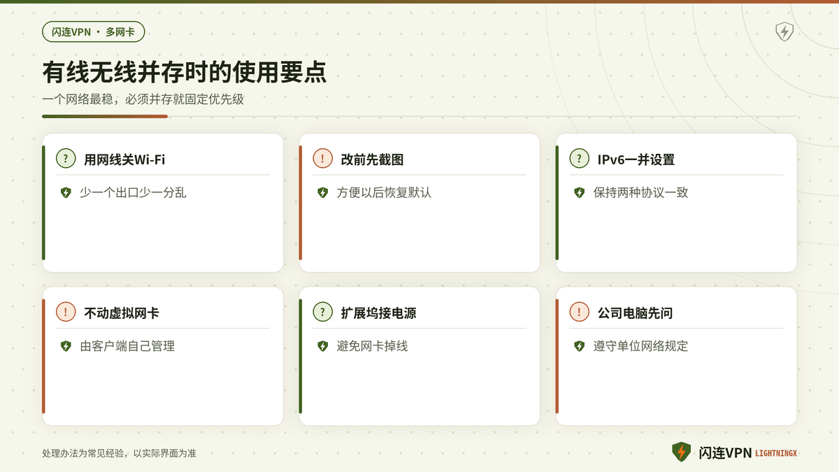 笔记本同时连接有线和无线时稳定使用闪连VPN的设置要点示意