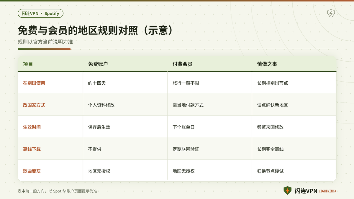 Spotify免费账户与付费会员在闪连VPN下地区规则的对照示意