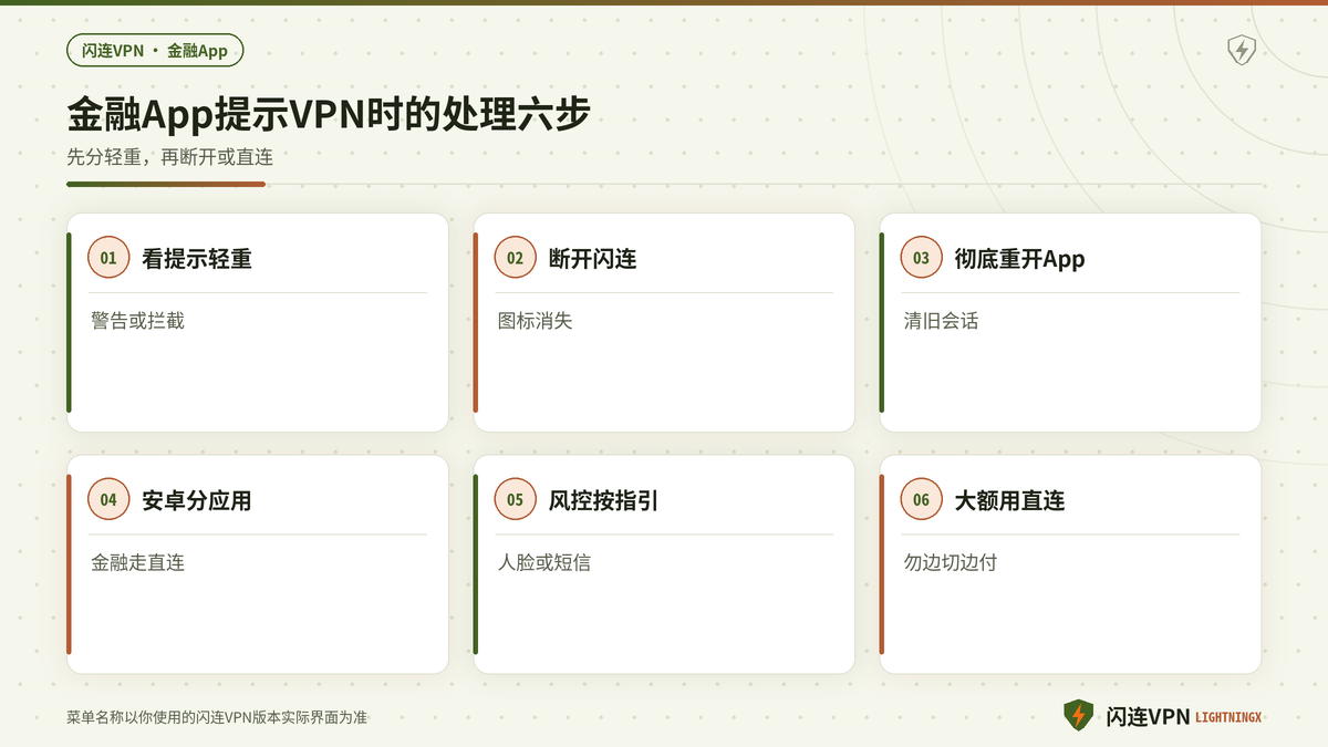 国内金融App提示检测到VPN时的处理六步示意图