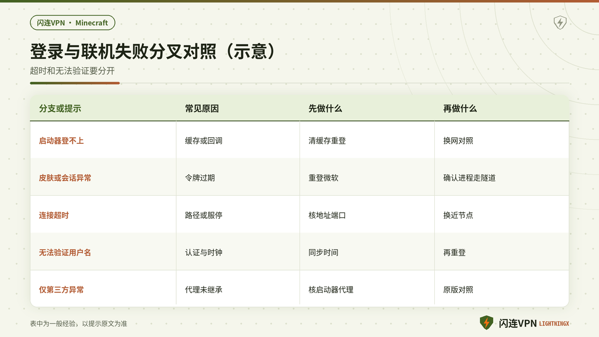 Minecraft Java登录失败与多人服连不上的分叉对照示意图