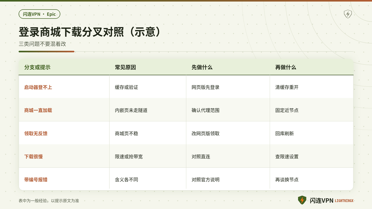 Epic Games登录失败商城加载与下载慢的分叉对照示意图