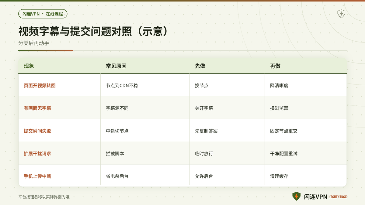 Coursera与edX在闪连VPN下视频字幕与提交问题对照示意图