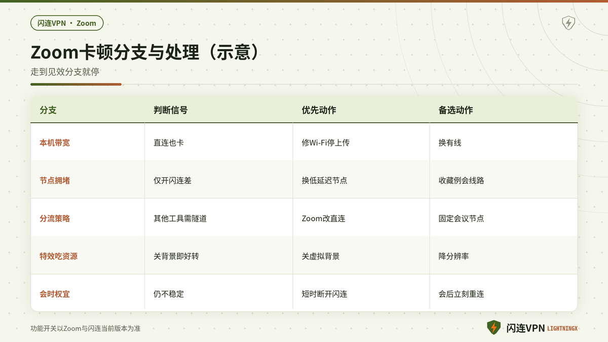 Zoom会议在闪连VPN下卡顿原因分支与处理对照示意图