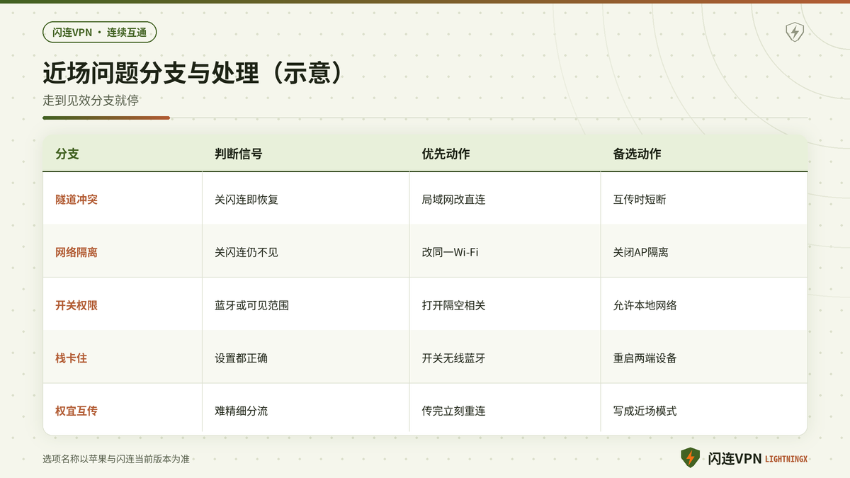 闪连VPN下苹果近场互通先关闭对照再局域网直连的决策分支示意图