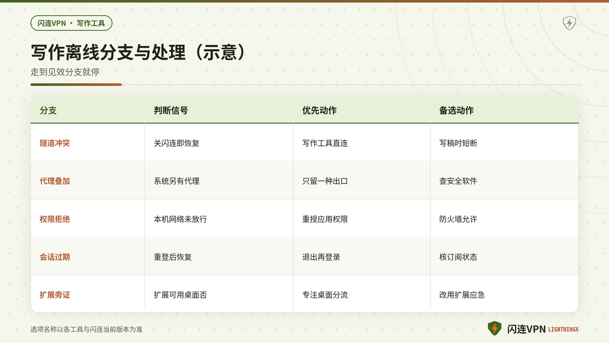 闪连VPN下写作翻译工具先关对照再权限分流的决策分支示意图