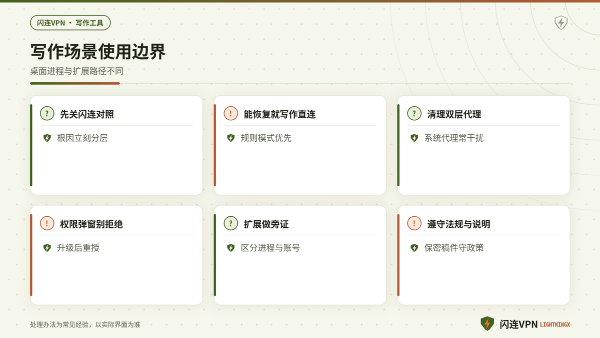 开着闪连VPN时Grammarly与DeepL先权限对照再分流的决策要点示意图