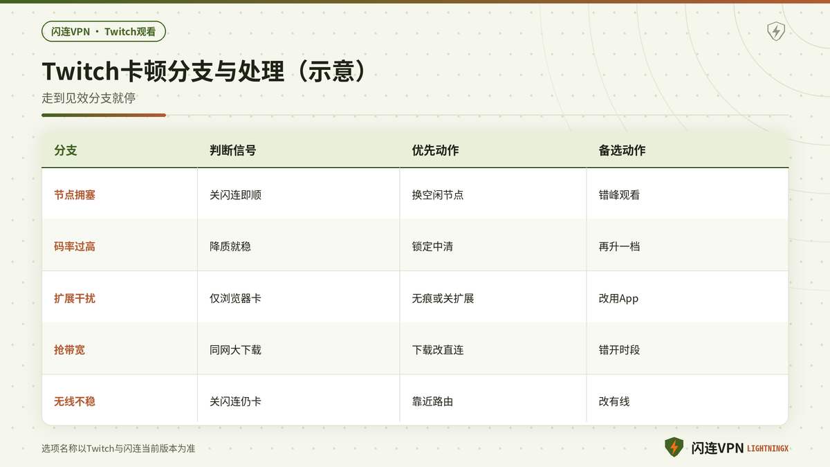 闪连VPN下Twitch卡顿与聊天延迟的分流决策分支示意图