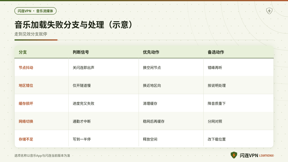 闪连VPN下音乐加载失败的节点地区与缓存决策分支示意图