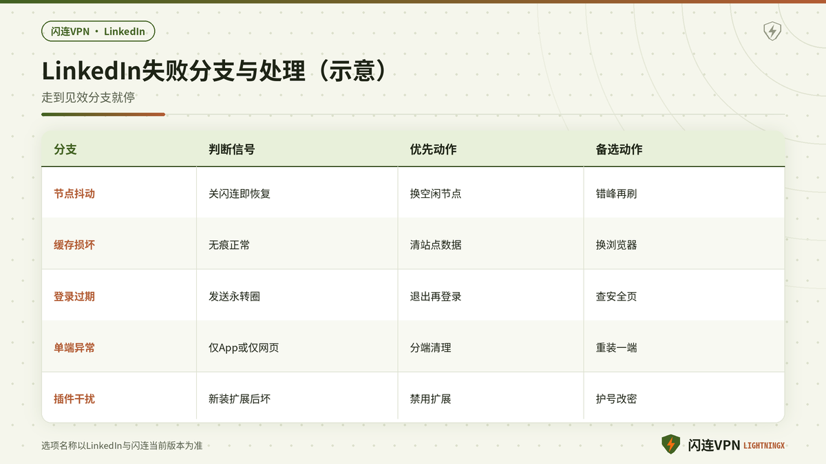 闪连VPN下LinkedIn刷新失败的节点缓存登录态决策分支示意图