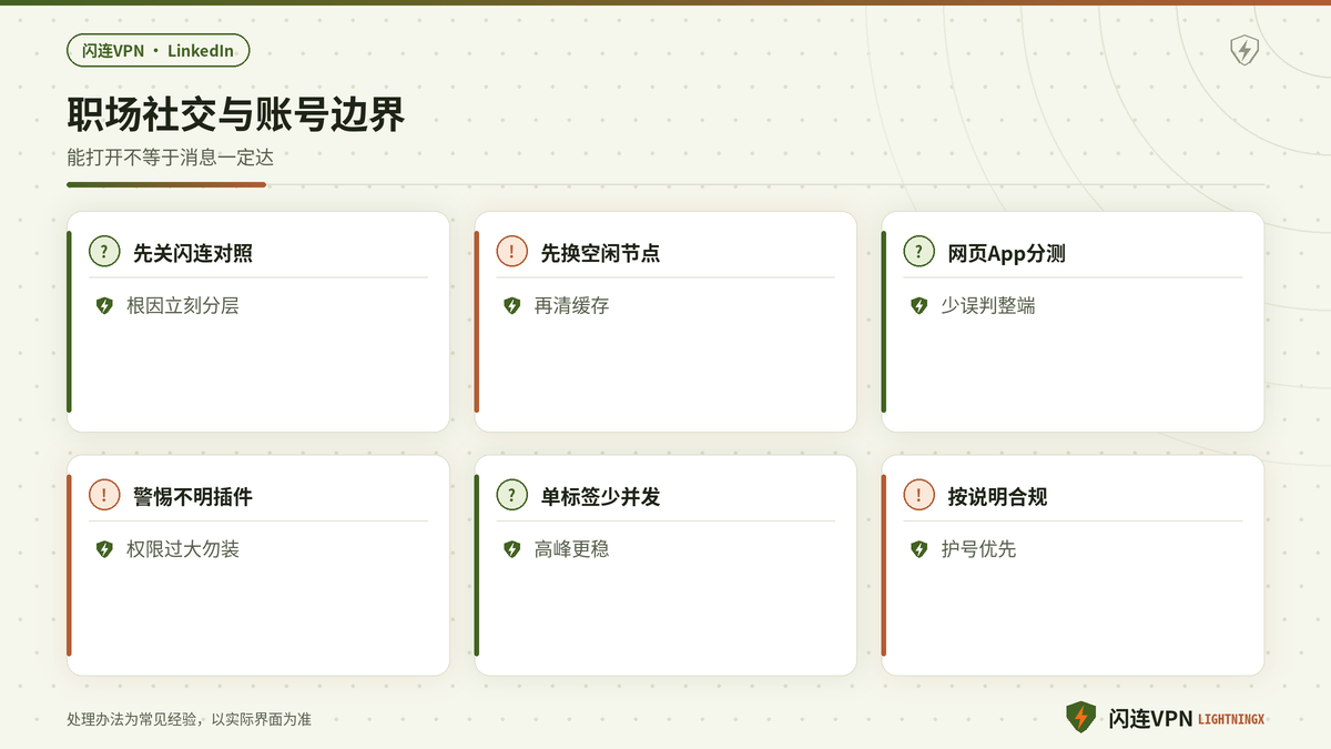 闪连VPN下LinkedIn先换节点再清缓存并注意账号安全的要点示意图