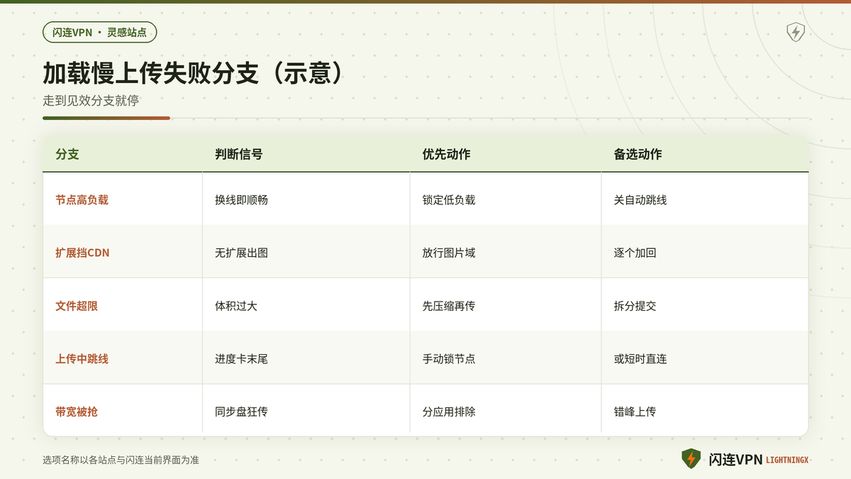 闪连VPN下Pinterest或Behance加载慢与上传失败的决策分支示意图