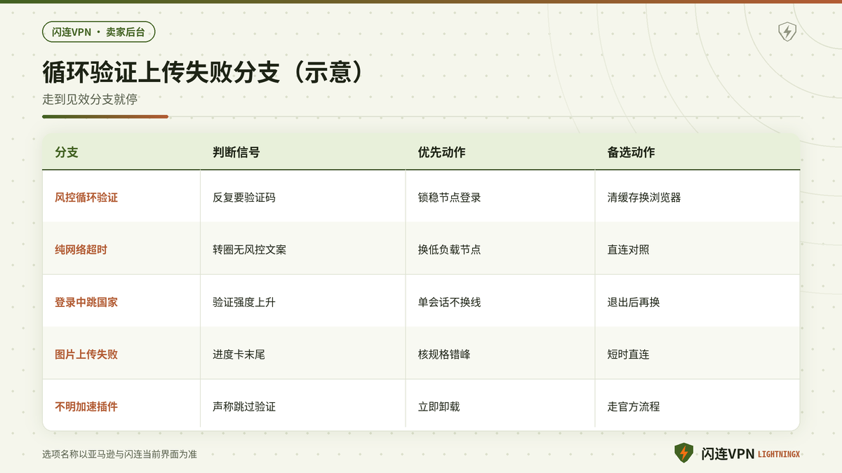 闪连VPN下亚马逊卖家后台循环验证与图片上传失败的决策分支示意图
