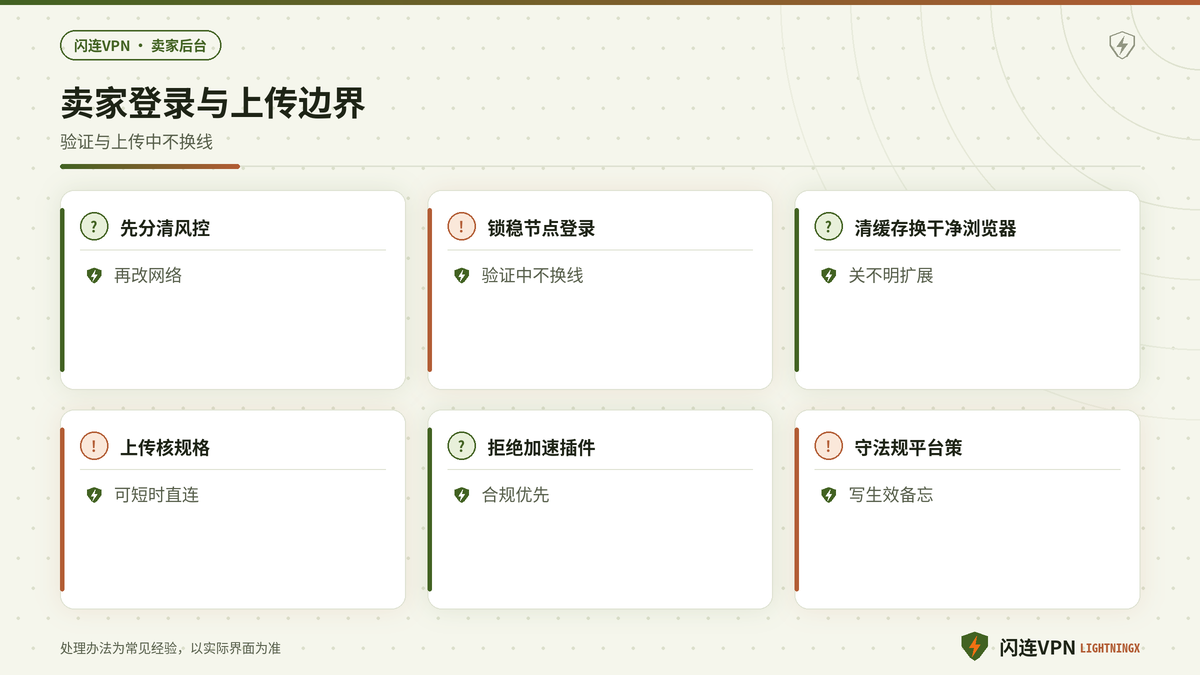 闪连VPN亚马逊卖家后台固定节点再登录上传的要点示意图