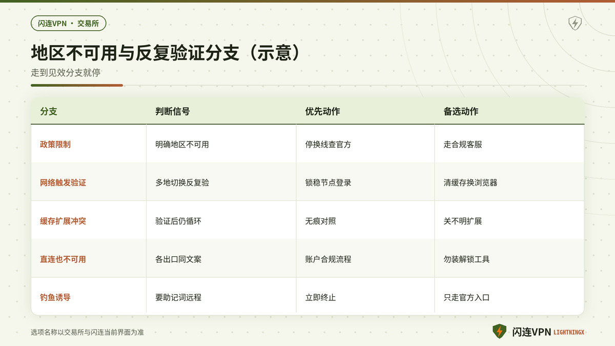 闪连VPN下交易所地区不可用与反复验证的决策分支示意图