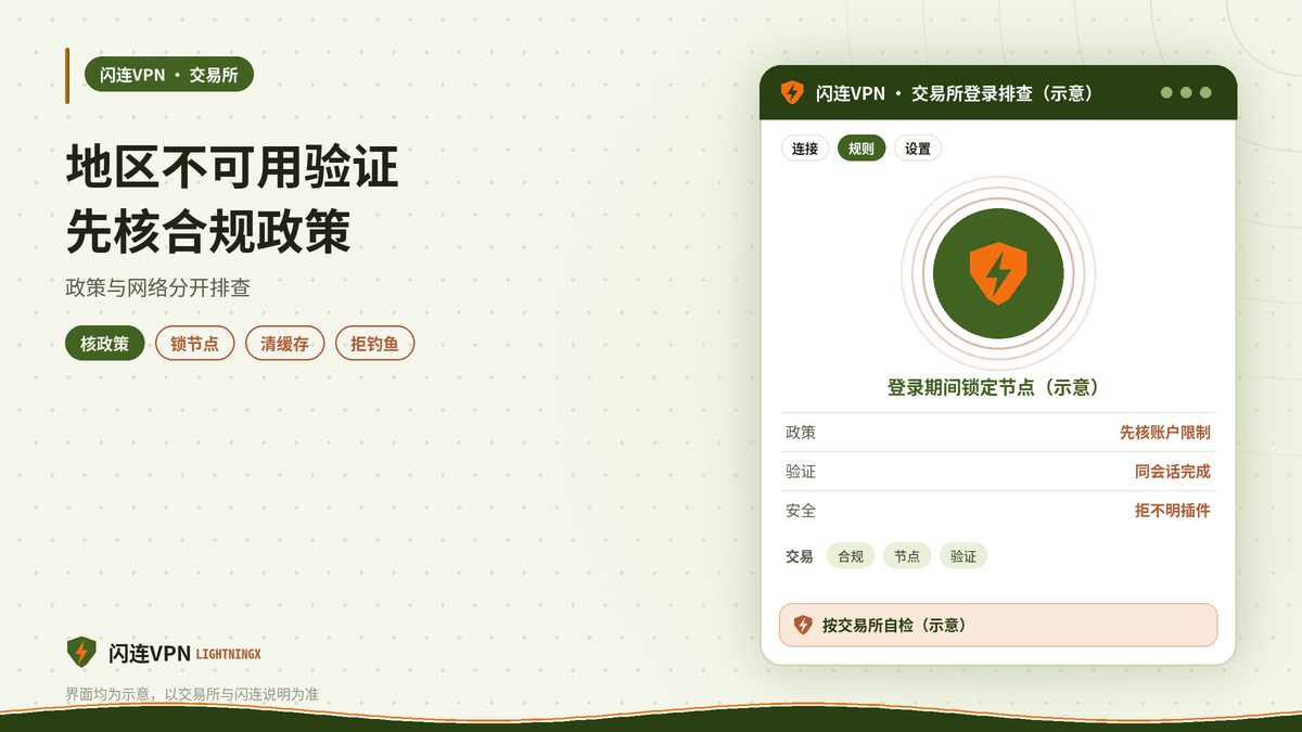 开着闪连VPN登录加密货币交易所地区不可用或反复验证的排查示意图