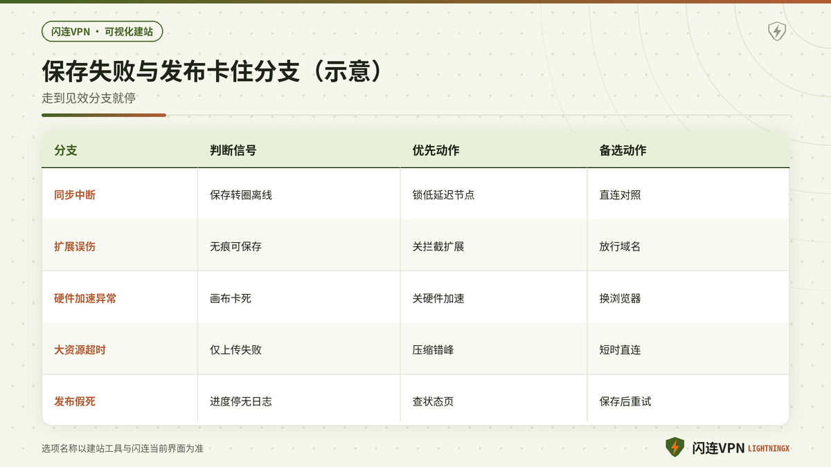 闪连VPN下可视化建站保存失败与发布卡住的决策分支示意图