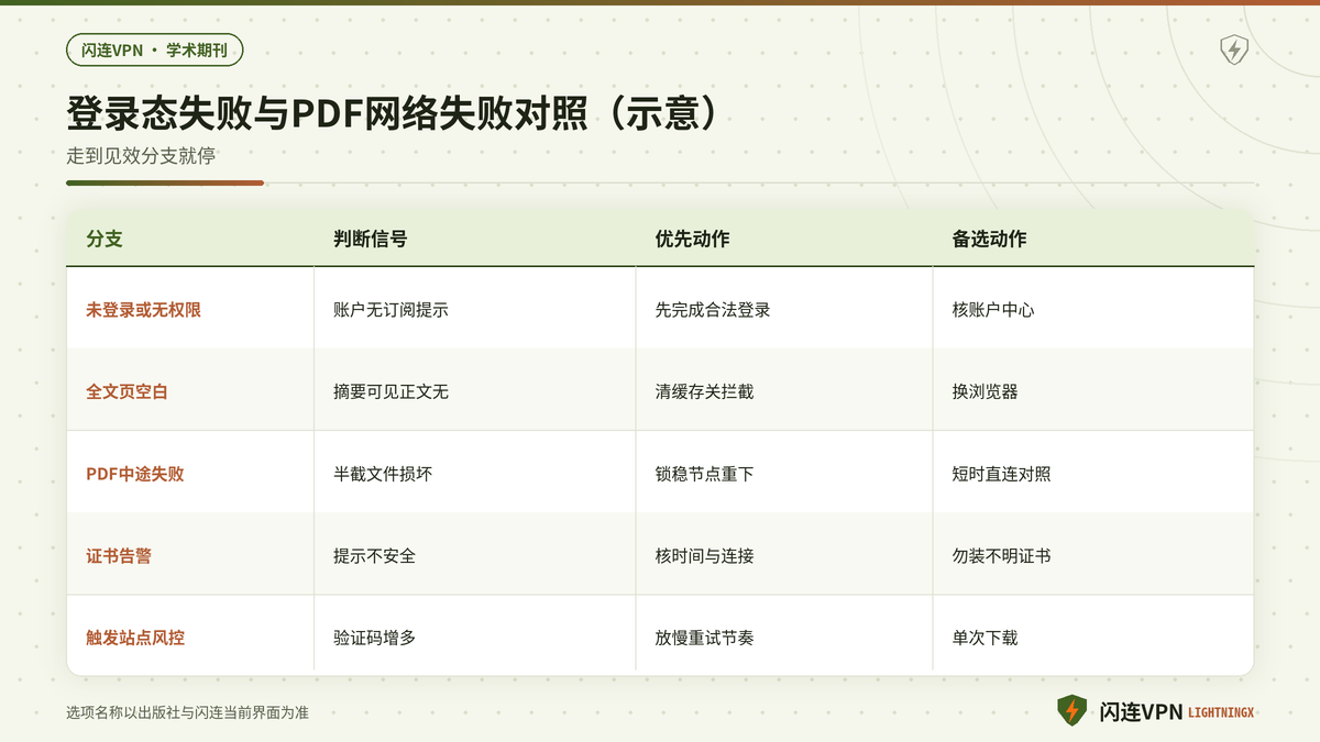 闪连VPN下学术期刊登录态失败与PDF网络失败的对照分支示意图