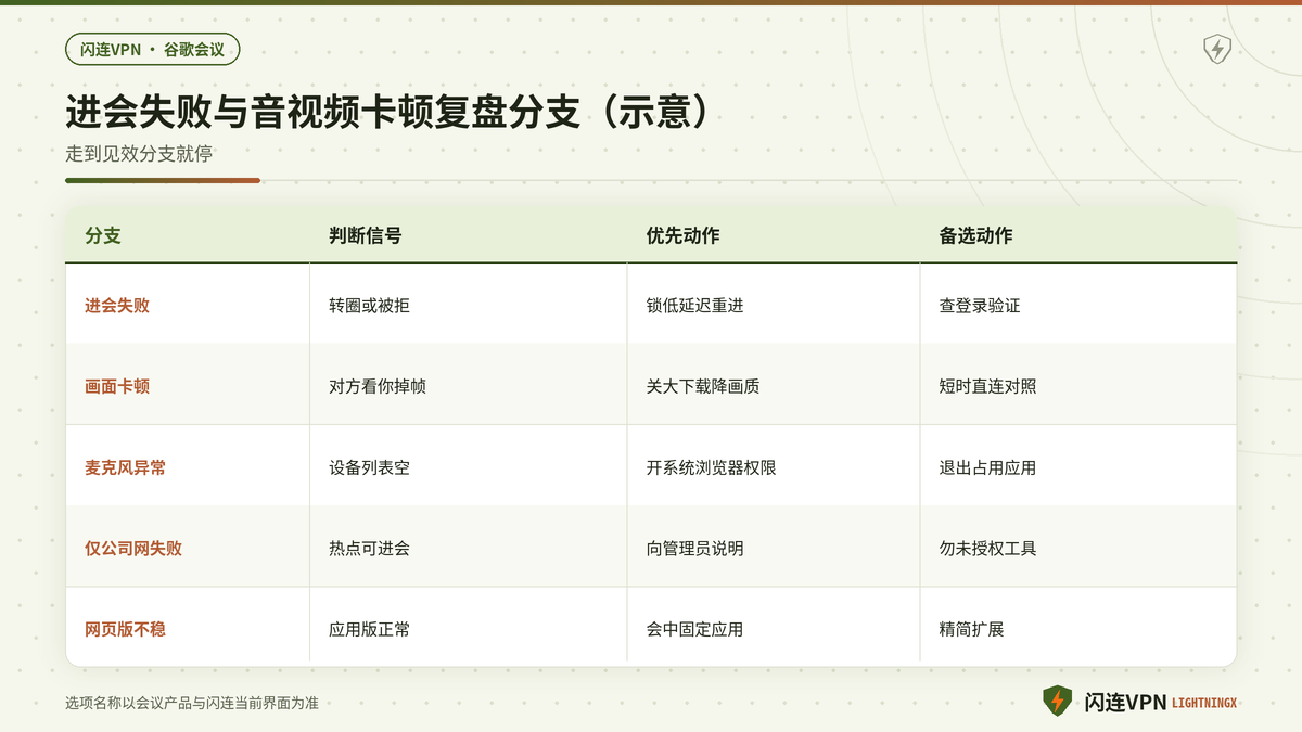 闪连VPN下Google Meet进会失败与音视频卡顿的逐步复盘分支示意图