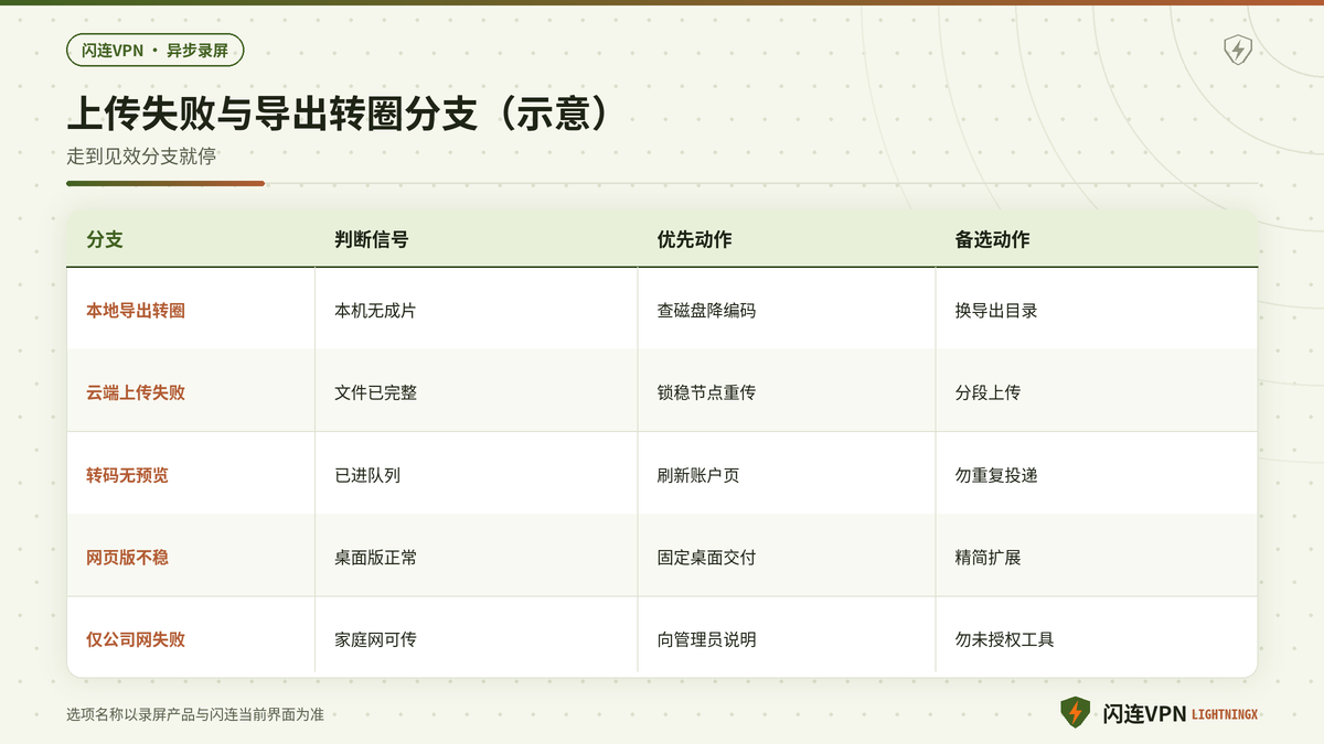 闪连VPN下Loom上传失败与Descript导出转圈的分支对照示意图
