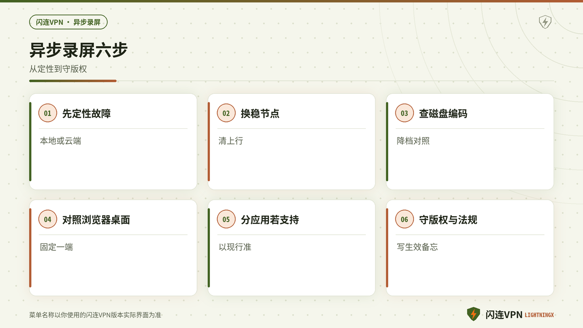 开着闪连VPN下Loom上传失败与Descript导出转圈的排查步骤示意图