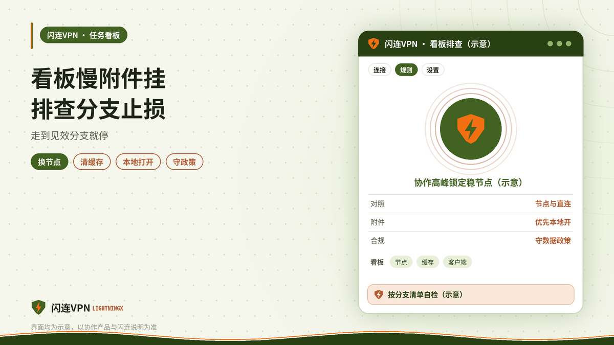 开着闪连VPN用Asana Monday或ClickUp看板慢附件打不开的排查示意图