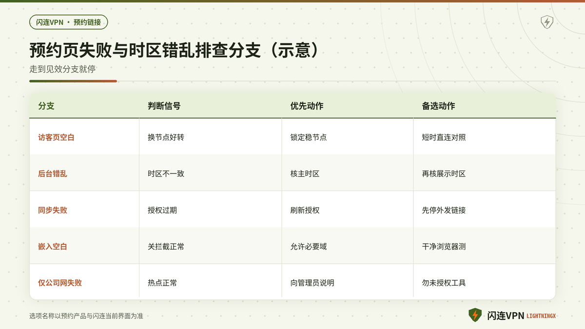 闪连VPN下预约页访客端与管理后台失败分支对照示意图