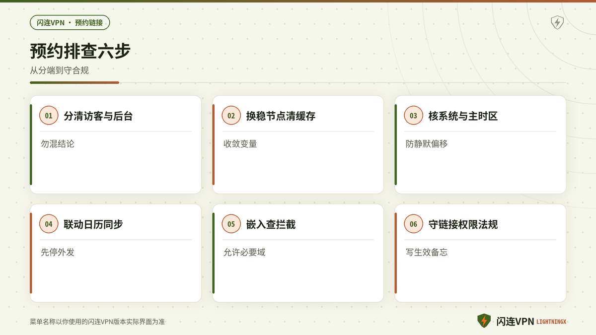 开着闪连VPN下Calendly与Calcom预约页加载失败及时区错乱的排查步骤示意图