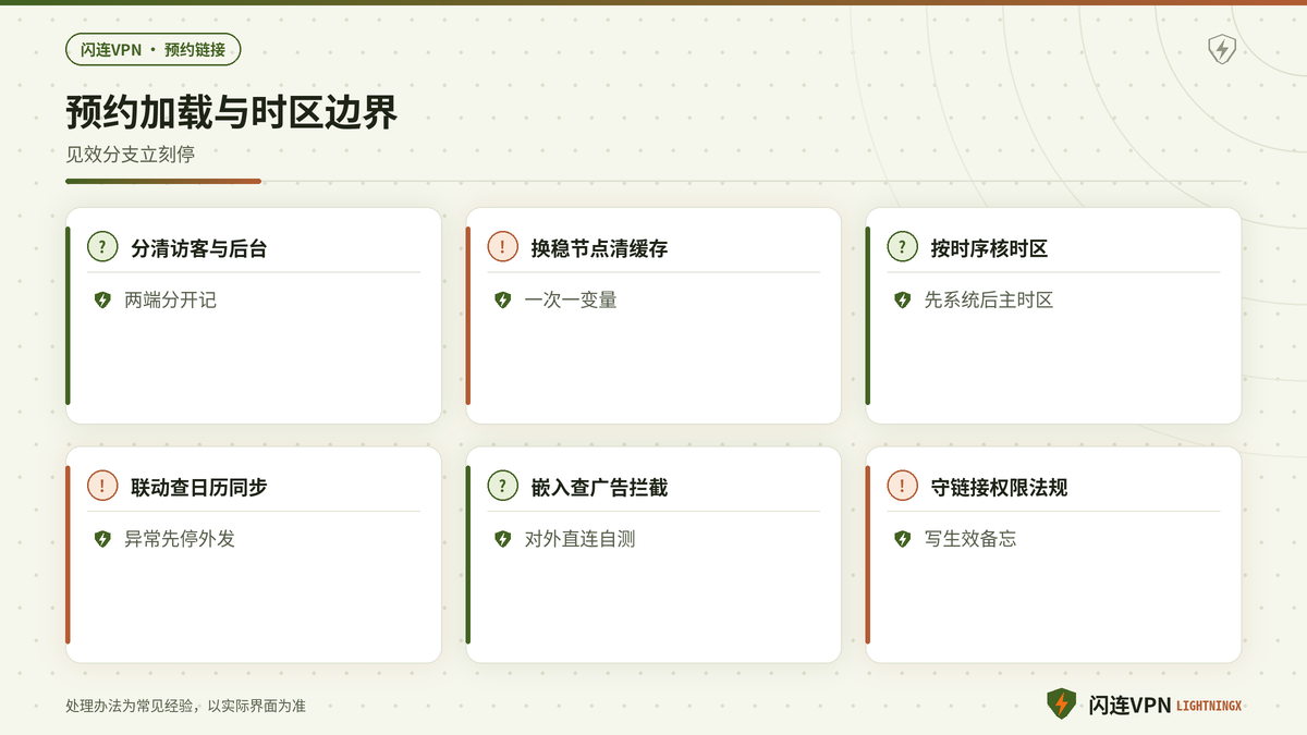闪连VPN预约链接换节点核时区并处理嵌入拦截的要点示意图