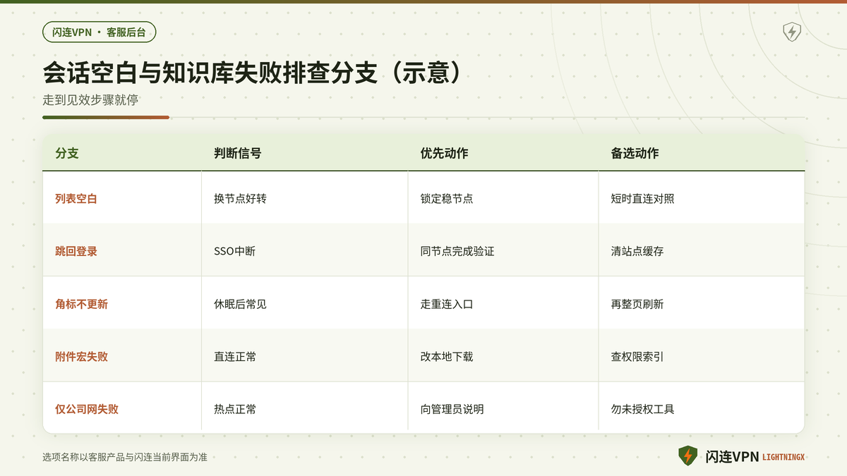 闪连VPN下Intercom Zendesk会话空白与知识库异常的排查分支示意图