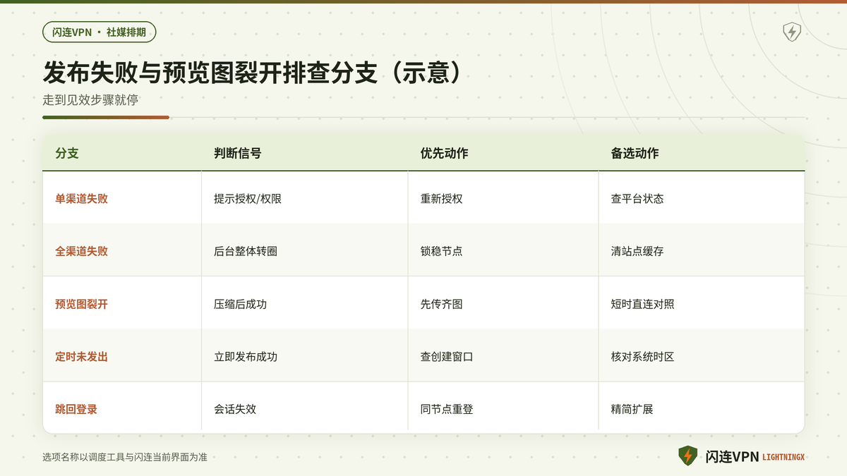 闪连VPN下社媒调度发布失败与预览图裂开的分支对照示意图