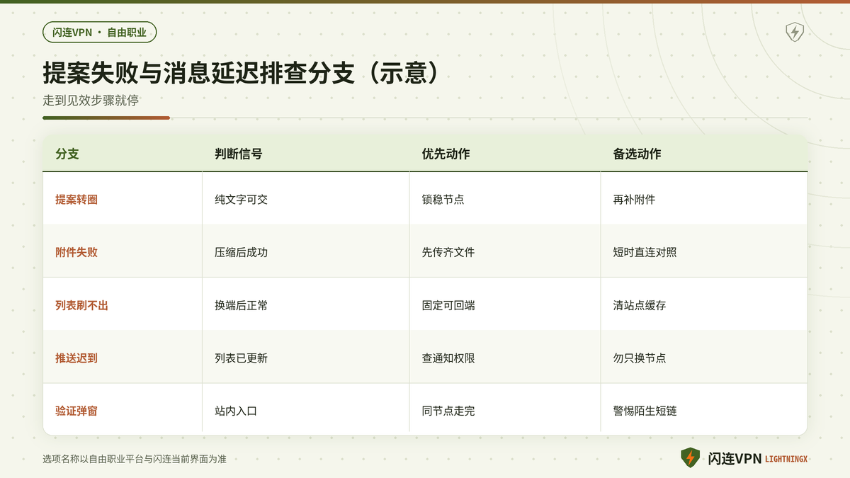 闪连VPN下自由职业平台提案失败与消息延迟的分支对照示意图
