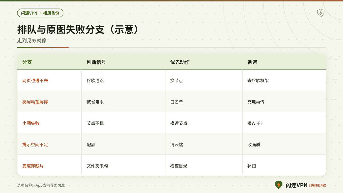 开着闪连VPN时相册排队与原图备份问题对照